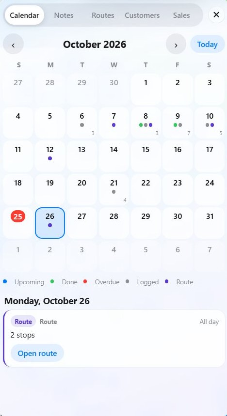 Calendar with scheduled routes, services and follow-ups