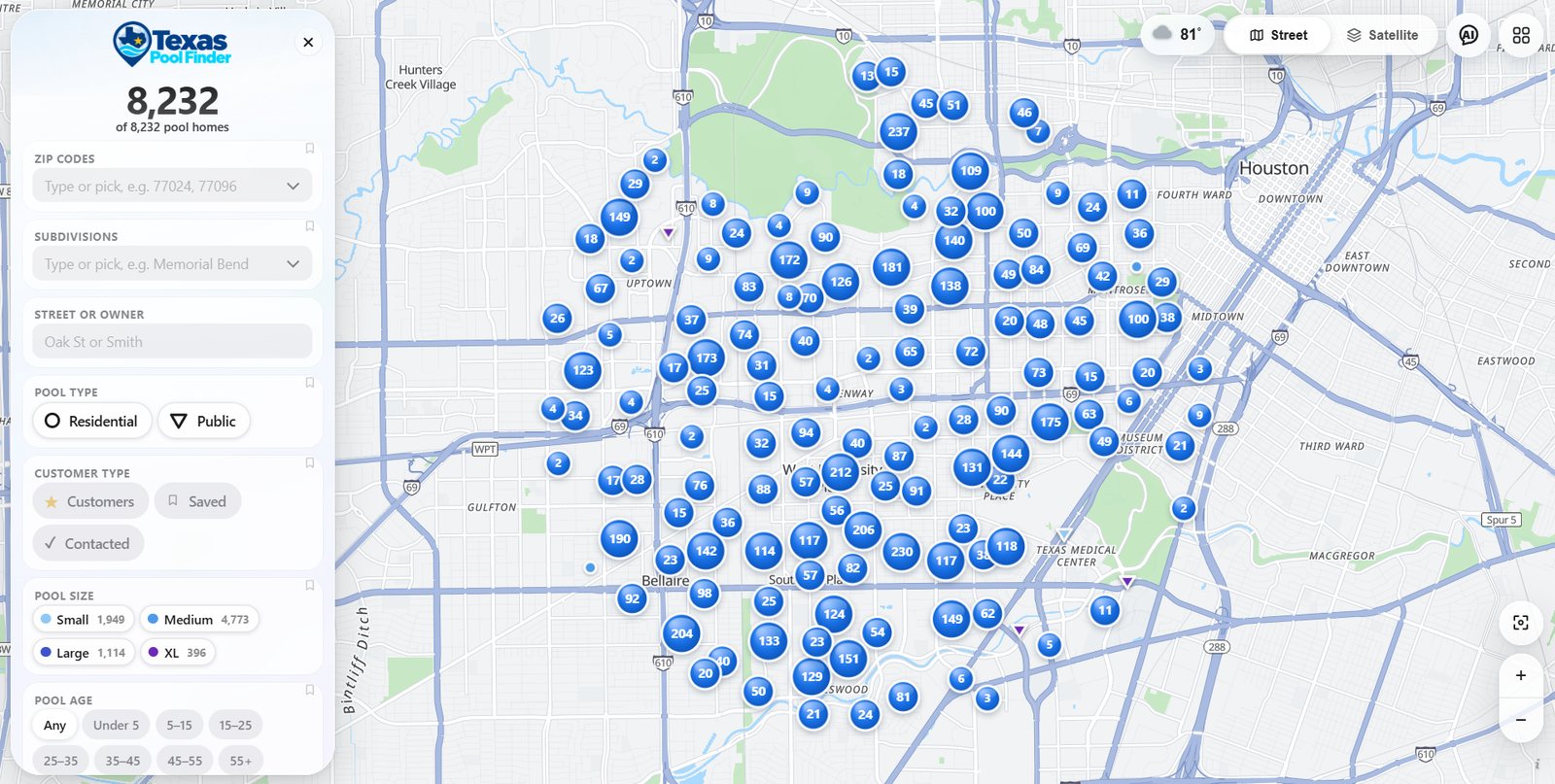 Street map of a territory with pool counts grouped by neighborhood