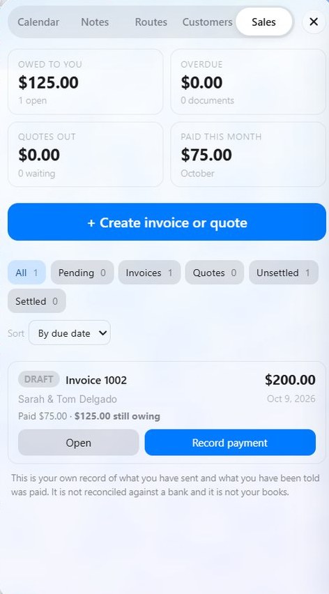 Sales screen showing invoices, quotes and what customers owe