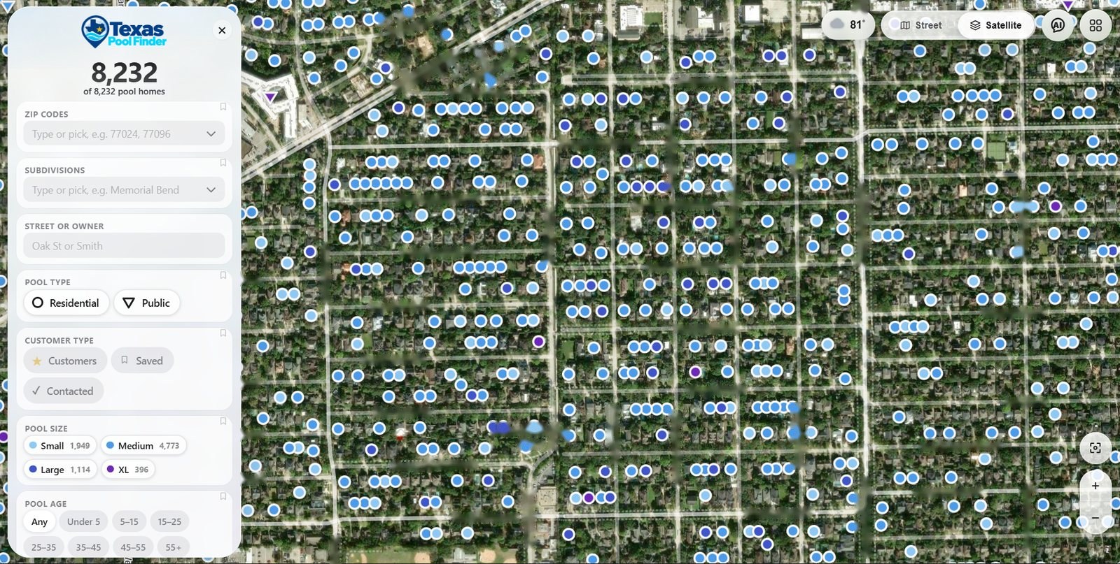 Satellite map of a Houston neighborhood with every pool marked, colored by pool size, next to the filter panel